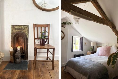 two pictures of a bedroom with a bed and a chair at Calm Cottage - Kingsand in Kingsand