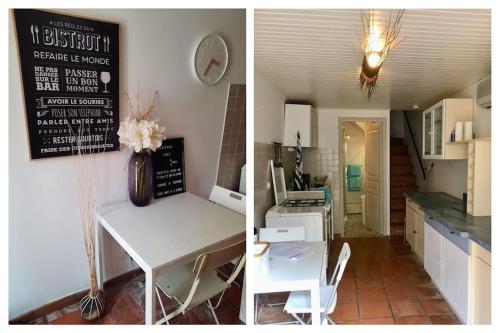 two pictures of a kitchen with a table and a counter at Jolie maison village 4 couchages &Terrasse à Fitou in Fitou