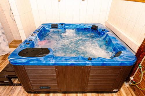 a jacuzzi tub with a blue top in a bathroom at Casa Teo&Andreea in Vatra Dornei