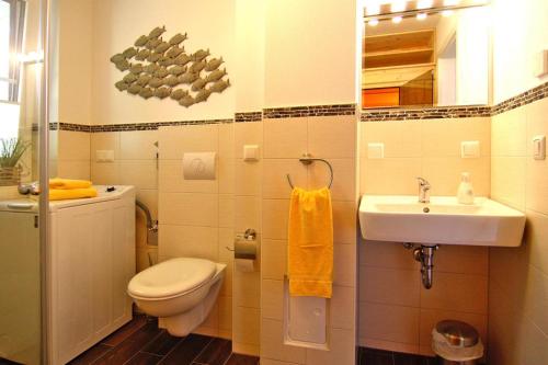 a bathroom with a toilet and a sink at Ferienhaus Kranichnest, Zirchow in Zirchow