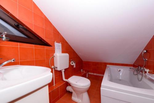 a bathroom with a toilet and a sink and a tub at Casa Teo&Andreea in Vatra Dornei