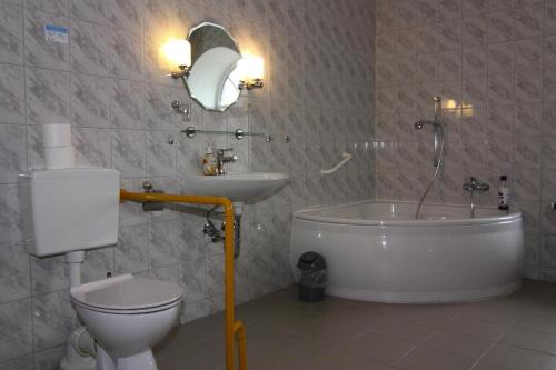 a bathroom with a toilet and a sink and a tub at Ferienwohnanlage Gut Bundhorst, Stolpe in Stolpe