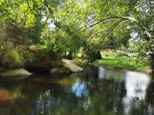 a river with trees and a bridge in the background at Hotel Casa da Galbana in Friol