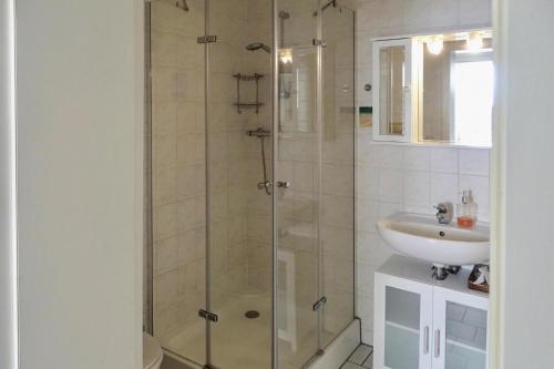 La salle de bains est pourvue d'une douche et d'un lavabo. dans l'établissement Apartment, Zinnowitz, à Zinnowitz