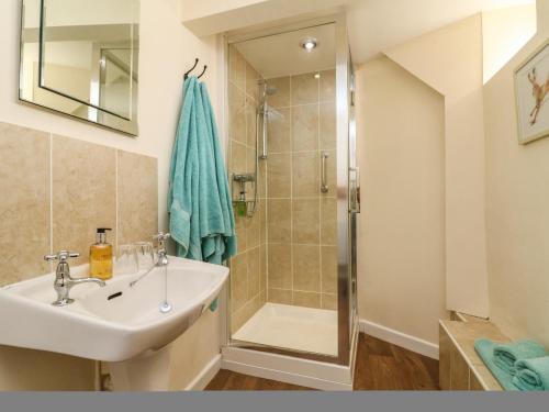 een badkamer met een wastafel en een douche bij Middle Burrow Cottage in Minehead