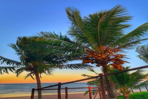 duas palmeiras numa praia com o oceano em Dream House em Itacimirim