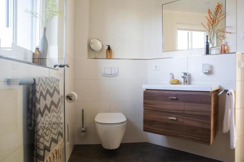 a bathroom with a toilet and a sink at Luxushaus Bodstedt mit Lagunenschwimmen in Fuhlendorf