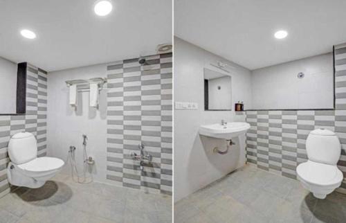 two pictures of a bathroom with a toilet and a sink at Alba Premier, Ahmedabad in Ahmedabad