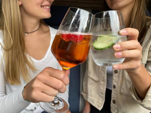 two women holding up two glasses of drinks at Hotel Paulsen in Zeven