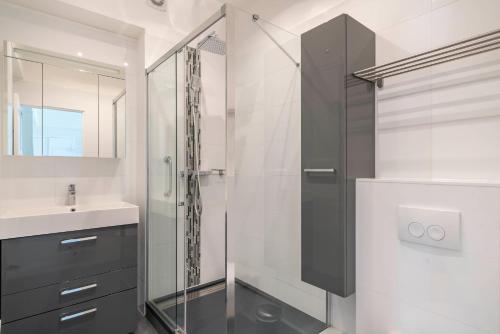 une salle de bain avec une douche en verre et un lavabo dans l'établissement Wdf 2 bedrooms 1min walk to Carlton hotel, à Cannes