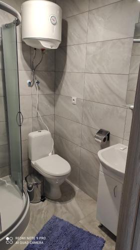 a small bathroom with a toilet and a sink at Готель ТІК Копичинці in Sukhostav