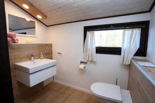 uma casa de banho com um lavatório, um WC e uma janela. em Ferienhäuschen Auszeit em Meschede