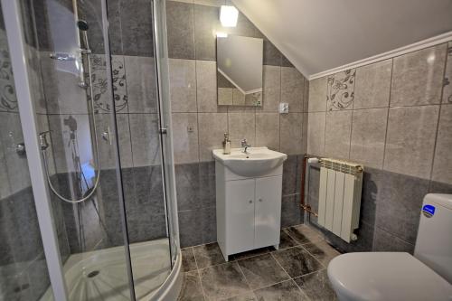 ein Bad mit einer Dusche, einem Waschbecken und einem WC in der Unterkunft Agroturystyka Chata za wsią in Uście Gorlickie