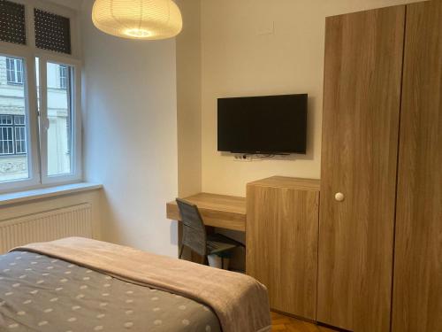 a bedroom with a bed and a desk with a television at Twix rooms in Ljubljana