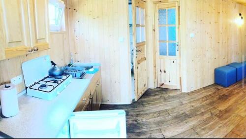 a kitchen with a stove and a wooden floor at Domki Przy Lesie in Stegna