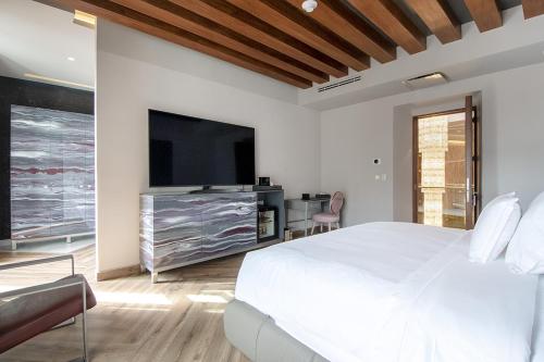 a bedroom with a large bed and a flat screen tv at L Hotel Perla Boutique in Puebla