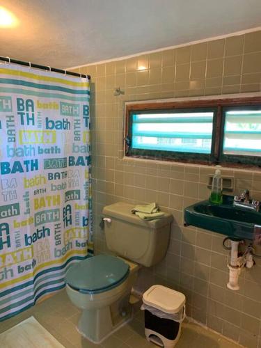 a bathroom with a toilet and a shower curtain at La Casa Amarilla Frente al Mar in Chelem