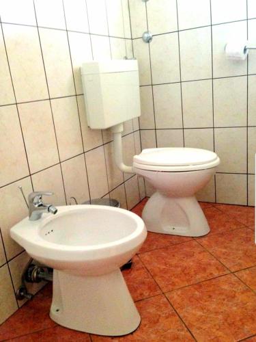 a bathroom with a toilet and a sink at Happy 2Bedroom Apartments in Gornji Karin