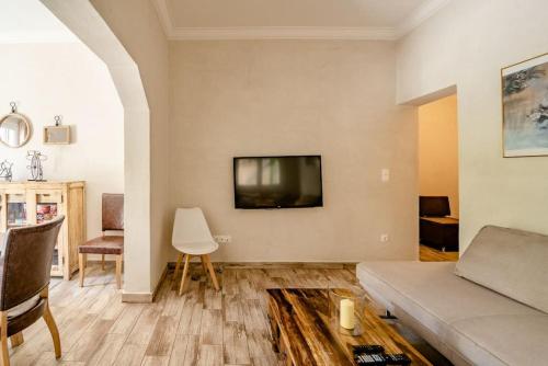 salon z kanapą i telewizorem z płaskim ekranem w obiekcie Amazing House with Jacuzzi and Huge PVT Garden w Atenach