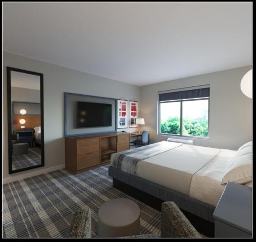a hotel room with a bed and a flat screen tv at AmericInn by Wyndham New Braunfels in New Braunfels