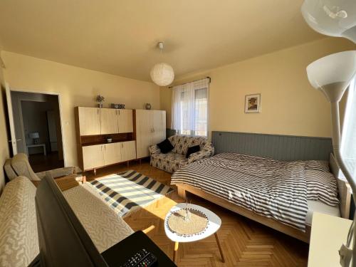 Bartók Apartment في سيجد: غرفة صغيرة بها سرير وأريكة