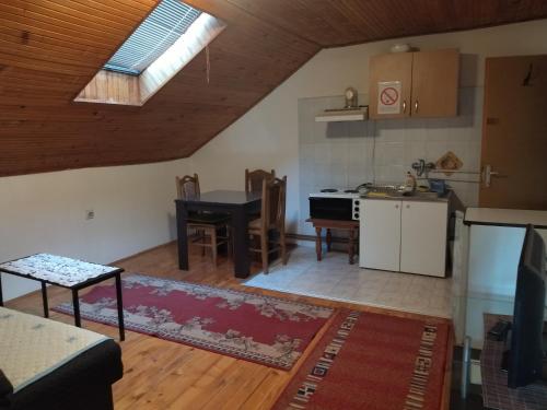 a kitchen and living room with a table and a stove at Sanja Accomodation in Soko Banja