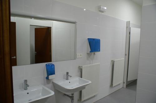 Baño con 2 lavabos y espejo en Grelo Hostel, en Ourense