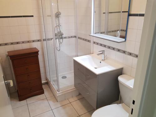 une salle de bain avec un lavabo, une douche et des toilettes dans l'établissement biarritz plage, à Biarritz