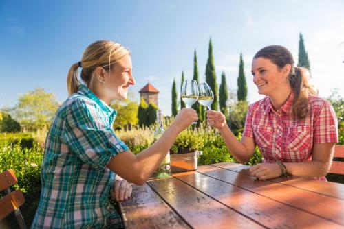 two women sitting at a table with a glass of wine at Landhotel Hofgut Battenberg in Battenberg