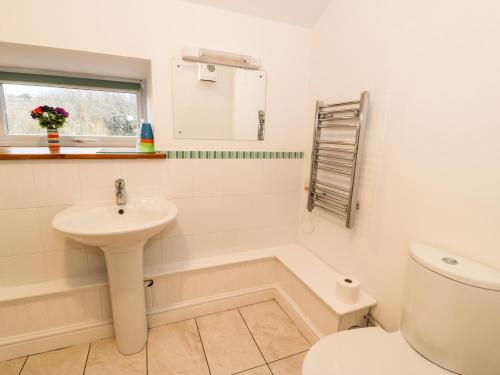 a white bathroom with a sink and a toilet at Y Bwthyn in Dinorwic