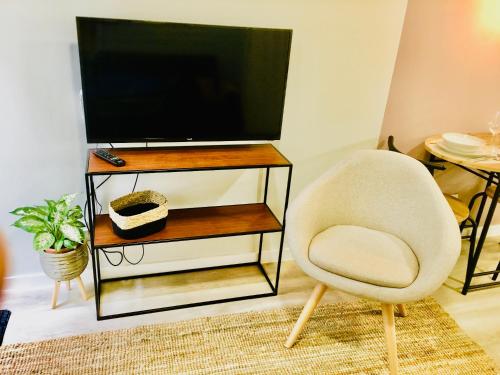 a living room with a chair and a television at Marquês d'Aveiro Suite in Aveiro