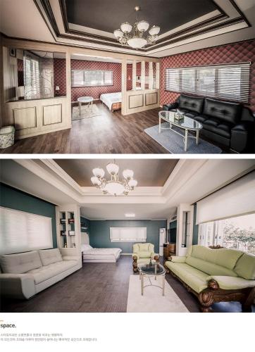 a living room with a couch and a table at Jeju Washington Pension in Seogwipo