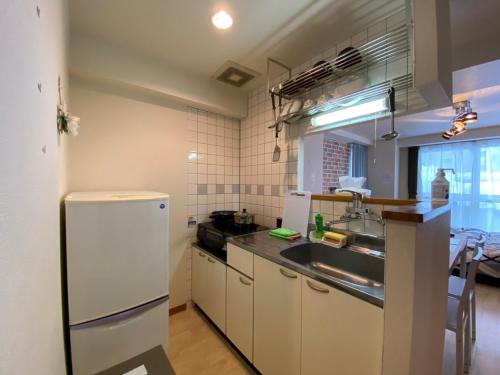 a small kitchen with a sink and a refrigerator at Near Nakajima park Close to Susukino Anbiennte 101 in Sapporo
