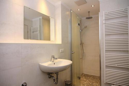 a bathroom with a sink and a shower with a mirror at Apartment Villa Sonja, Zingst in Zingst