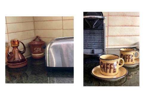 two pictures of coffee cups on a counter next to a toaster at Apartament el Cérvol in La Molina