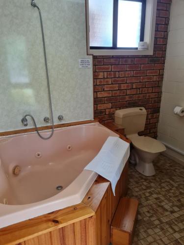 a bathroom with a bath tub and a toilet at Toora Lodge Motel in Toora