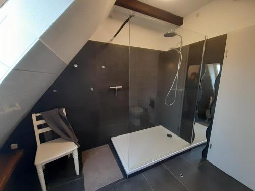 a bathroom with a shower and a chair in a attic at Schönes Apartment vor den Toren Hamburgs - keine Monteurwohnung in Asendorf