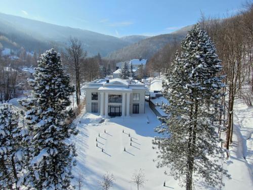 an aerial view of a house in the snow with trees at Magnus Resort in Szczyrk
