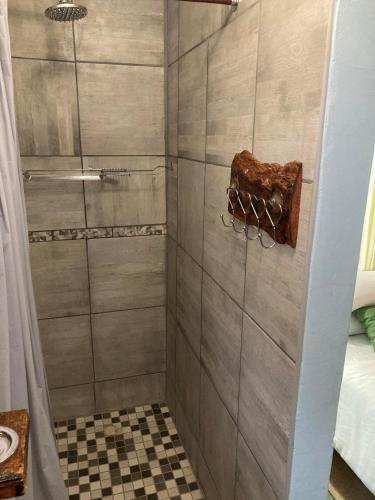 a shower with a glass door in a bathroom at Daffodil Self Catering and Accommodation B in Swakopmund