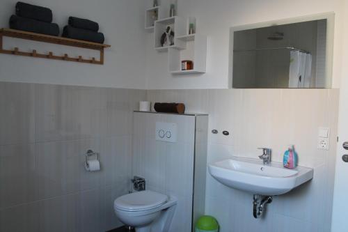 a white bathroom with a toilet and a sink at Ferienwohnung Hesselberg in Balingen