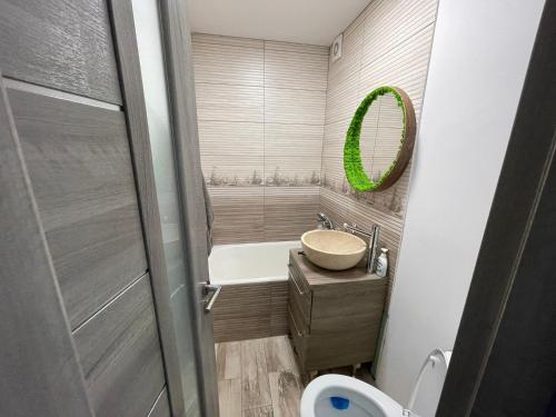 La salle de bains est pourvue d'une baignoire, d'un lavabo et d'un miroir. dans l'établissement S&LResidence, à Râșnov