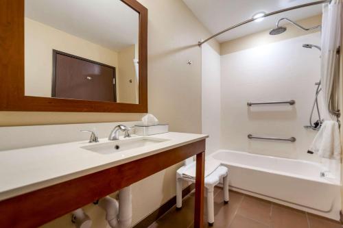 a bathroom with a sink and a tub and a mirror at Comfort Suites in La Vista