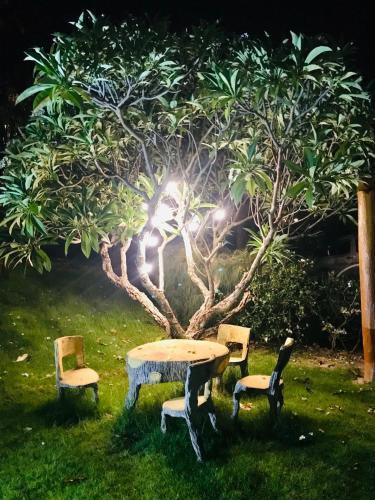 a table and two chairs in front of a tree at Villa Mui Ne Phan Thiet SeaView in Mui Ne