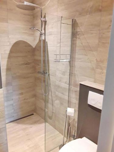 a shower with a glass door in a bathroom at Le Jardin du Thé Bord de la Meuse in Namur