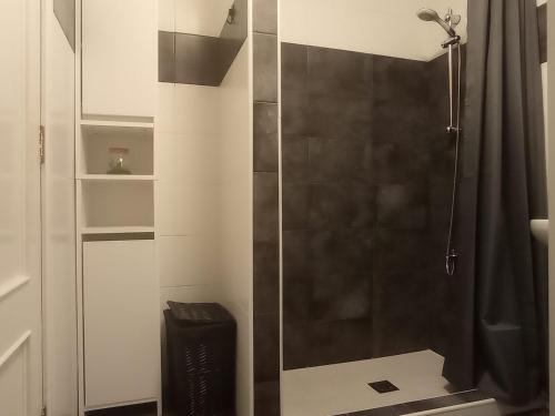 a shower with a glass door in a bathroom at Buena Fuerte Apartamentos Mari Giuli in Tarajalejo