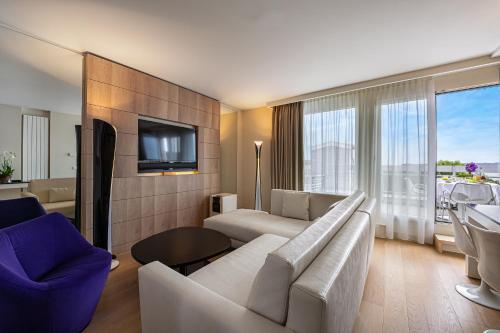 a living room with a couch and a tv at N’vY Manotel in Geneva