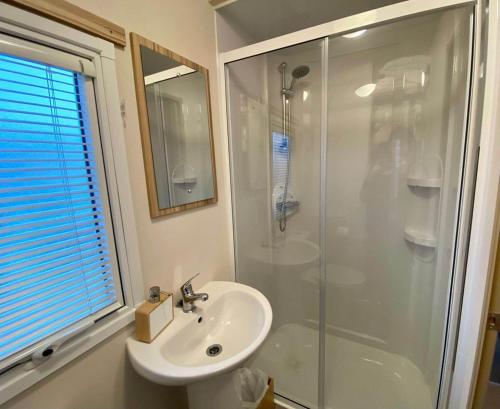 ロジーマスにあるThe Hudson @ Silversandsのバスルーム(洗面台、ガラス張りのシャワー付)