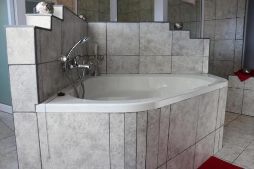 a bath tub with a shower in a bathroom at Amjicaja Guesthouse, Tours & Rentals in Walvis Bay