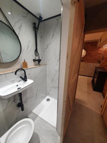 a bathroom with a white sink and a mirror at Willa Pod Basztą Restauracja&Wellness in Kazimierz Dolny