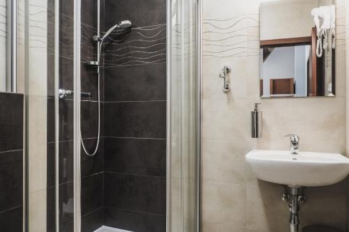 een badkamer met een douche en een wastafel bij Penzion Trojkámen in Nové Losiny